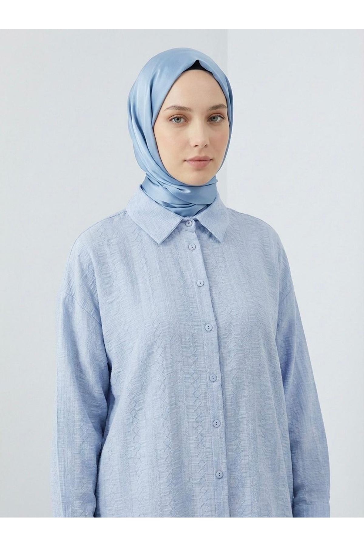 Geniş Raporlu Jakar Keten Tunik-Mavi