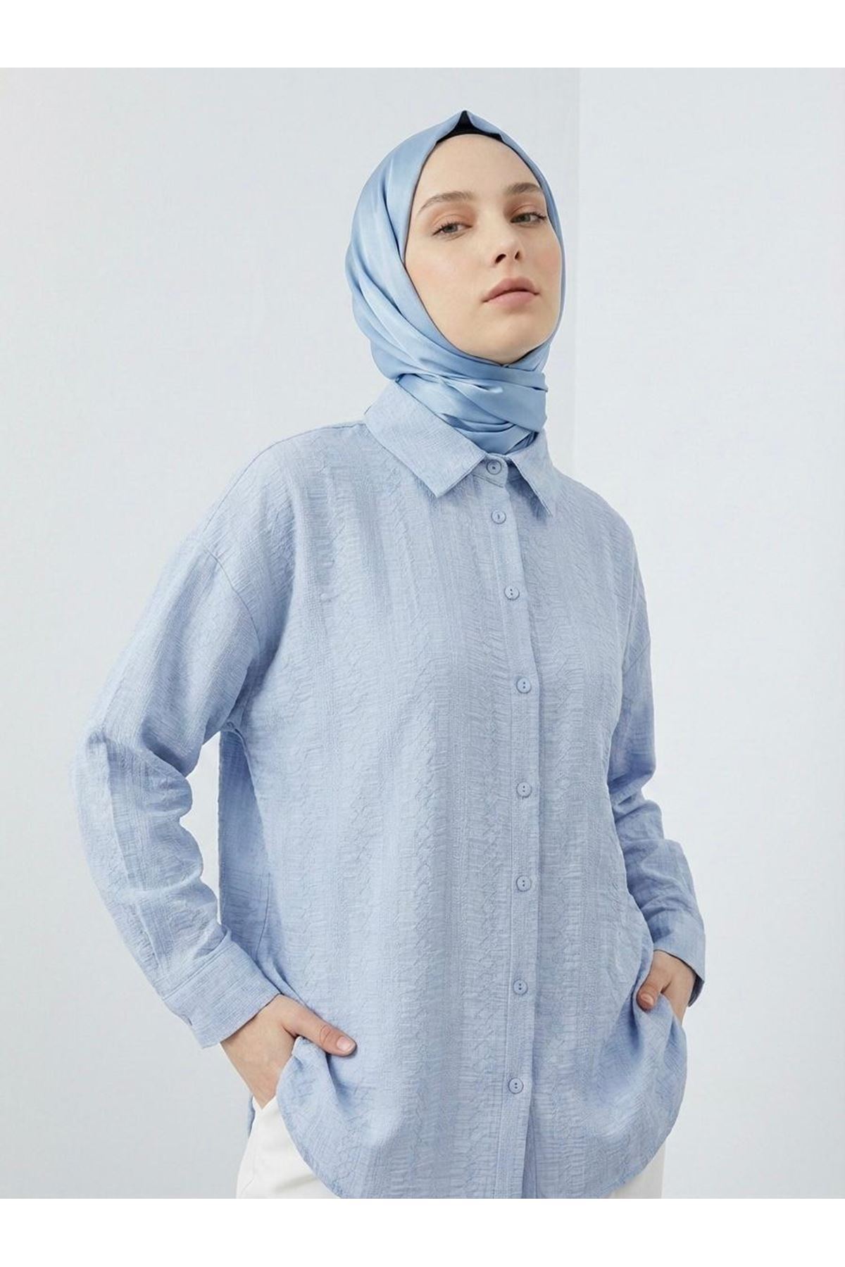 Geniş Raporlu Jakar Keten Tunik-Mavi