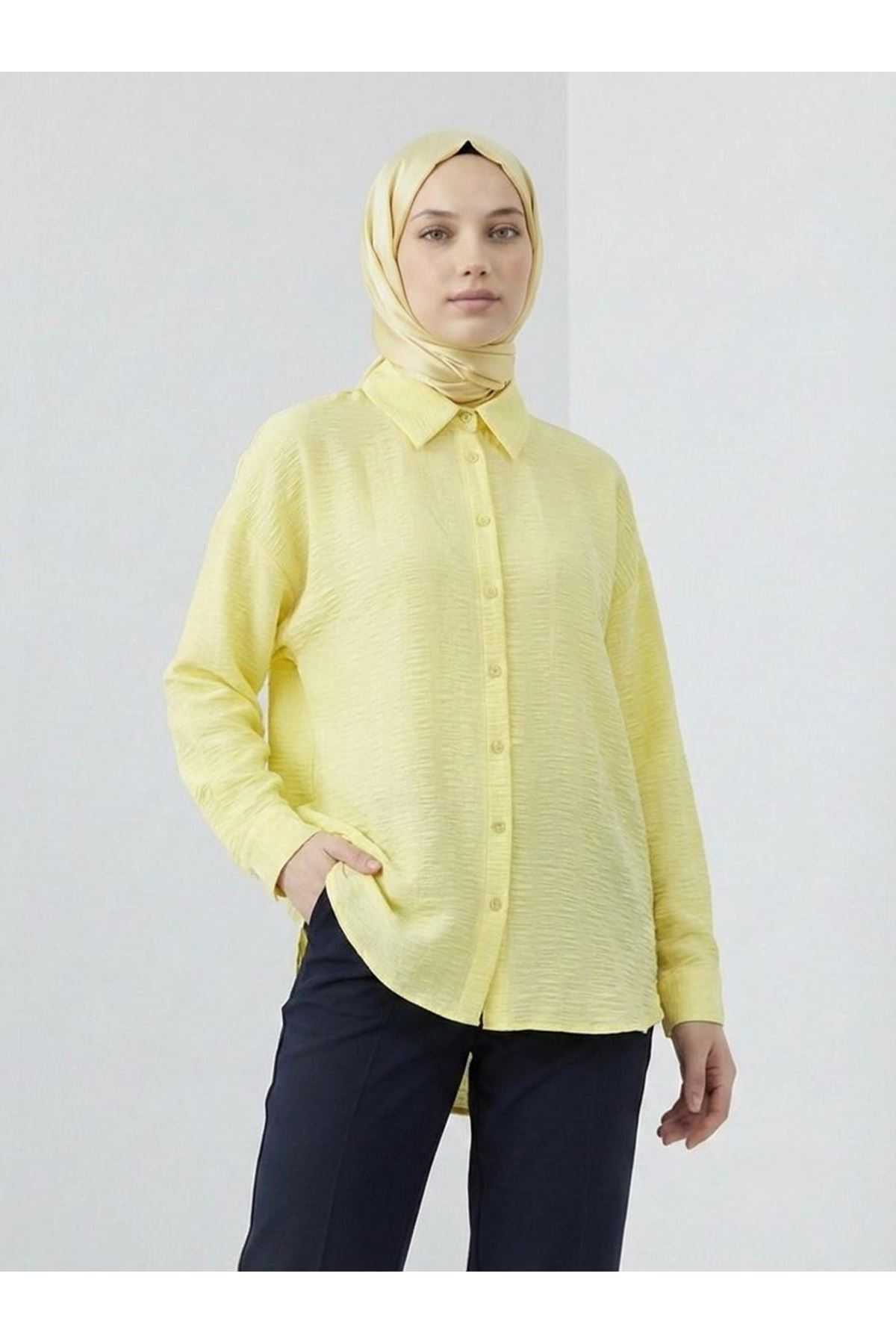 Geniş Raporlu Jakar Keten Tunik-Sarı