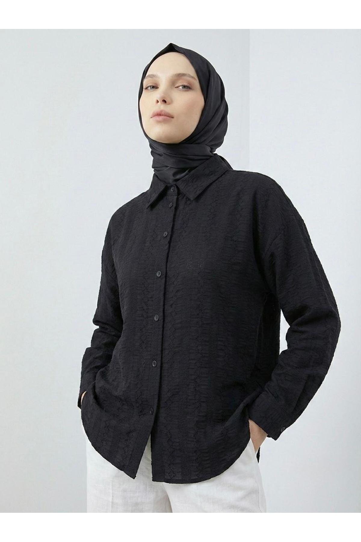 Geniş Raporlu Jakar Keten Tunik-Siyah