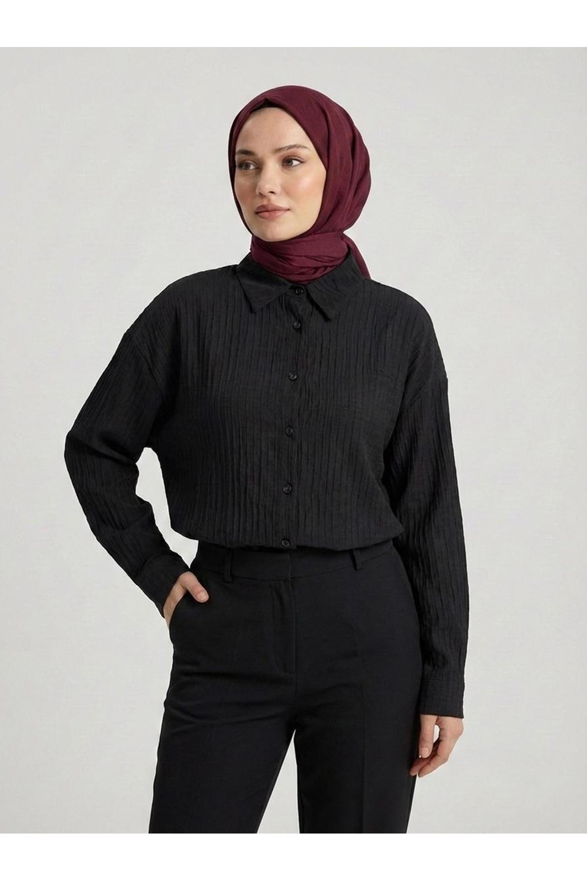 Çizgi Raporlu Keten Tunik-Siyah