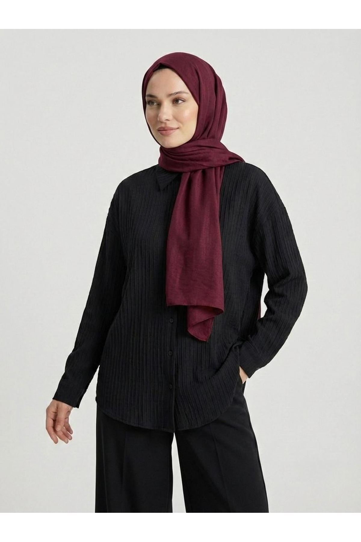 Çizgi Raporlu Keten Tunik-Siyah