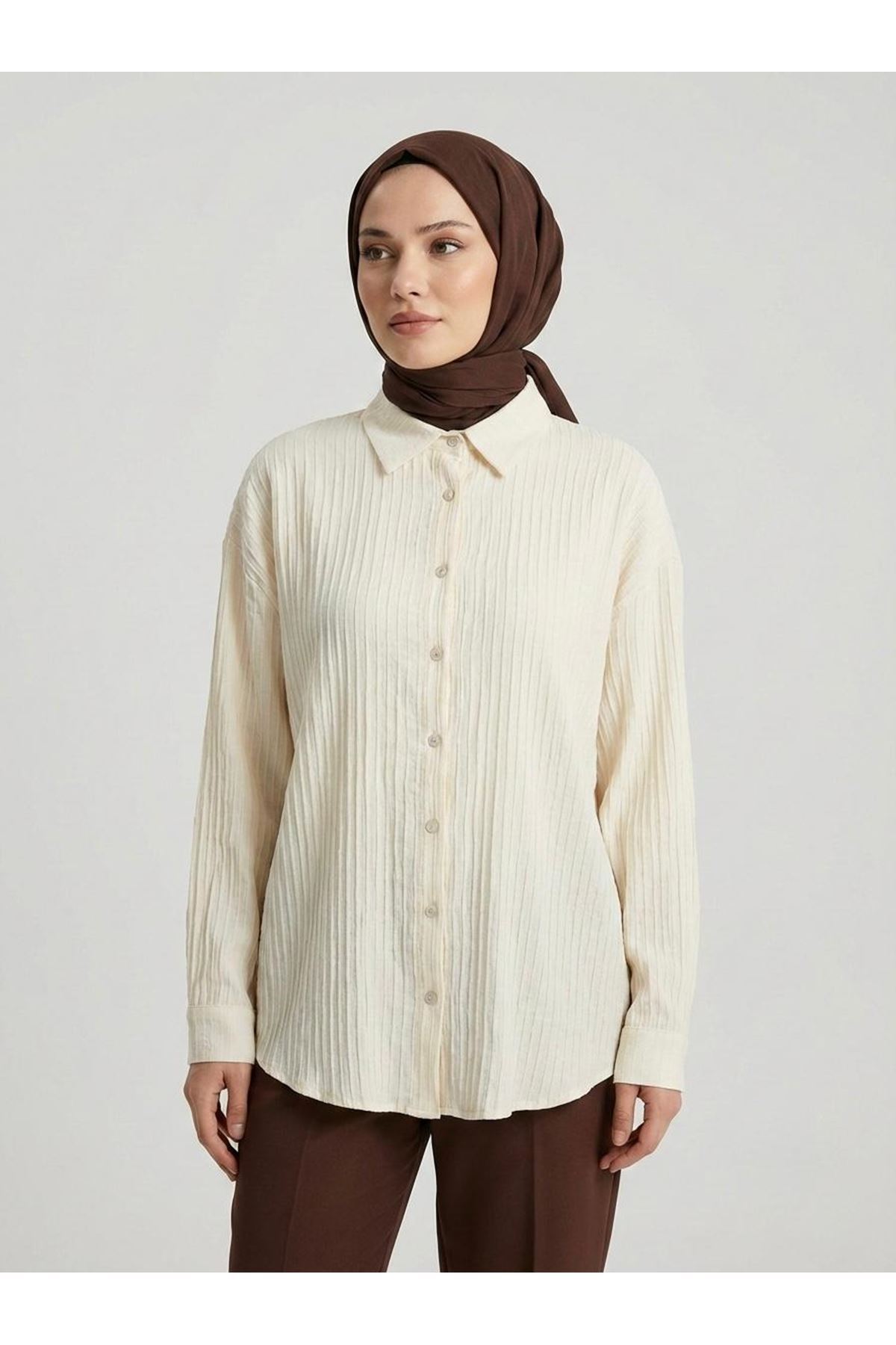 Çizgi Raporlu Keten Tunik-Taş