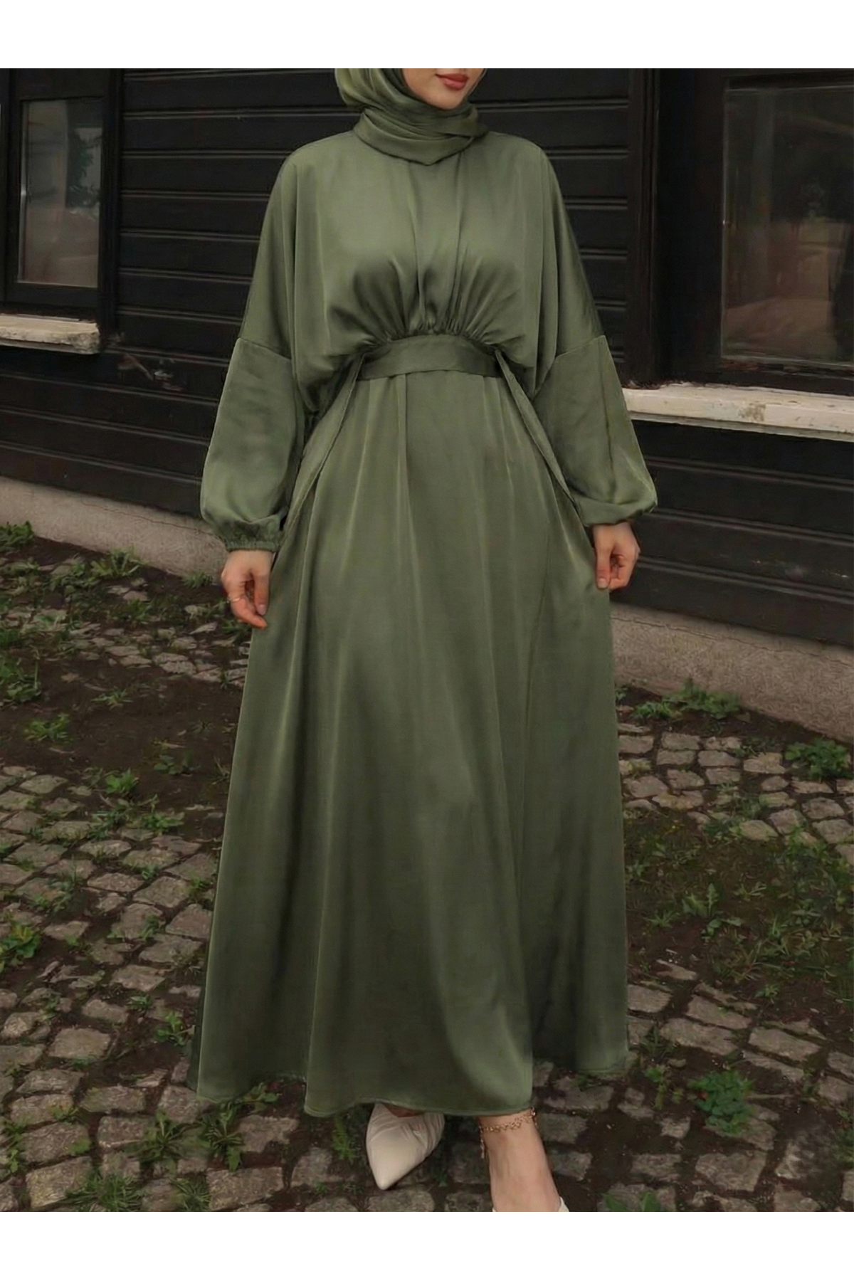 Bağlama Detaylı İkili Saten Elbise-Haki