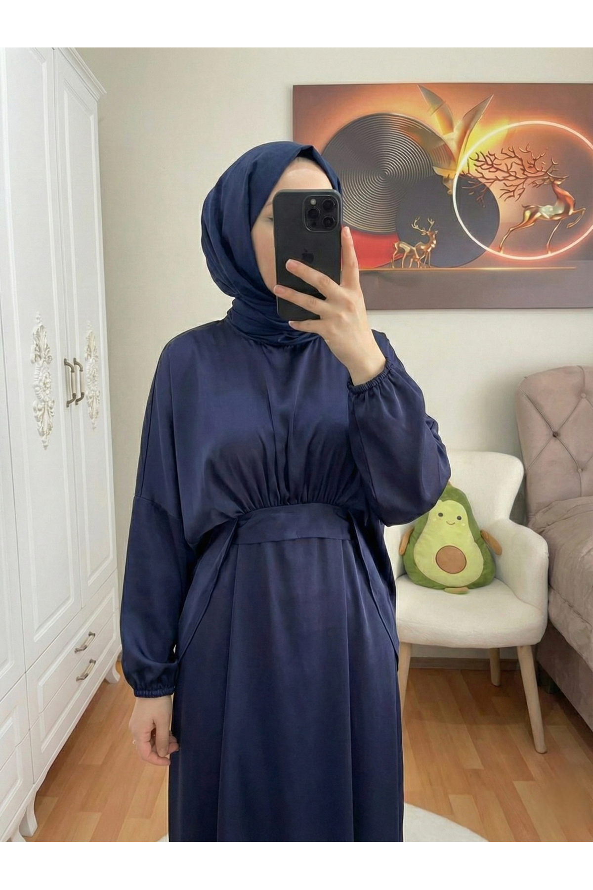 Bağlama Detaylı İkili Saten Elbise-Lacivert