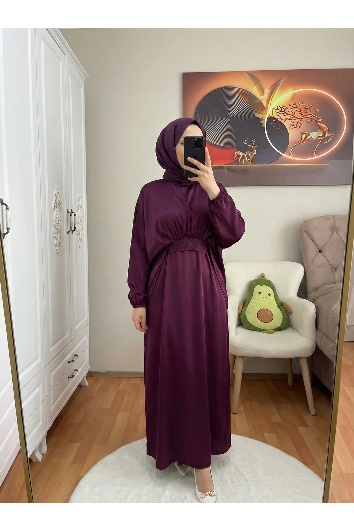 Bağlama Detaylı İkili Saten Elbise-Mürdüm