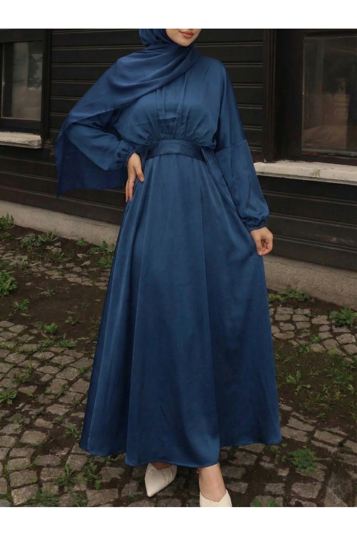 Bağlama Detaylı İkili Saten Elbise-Petrol Mavisi