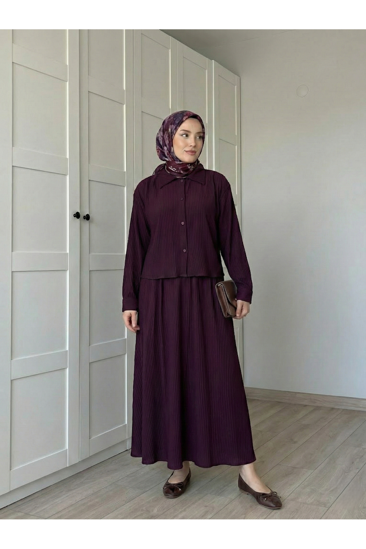 Omuz Pile Detay Etekli Takım-Bordo