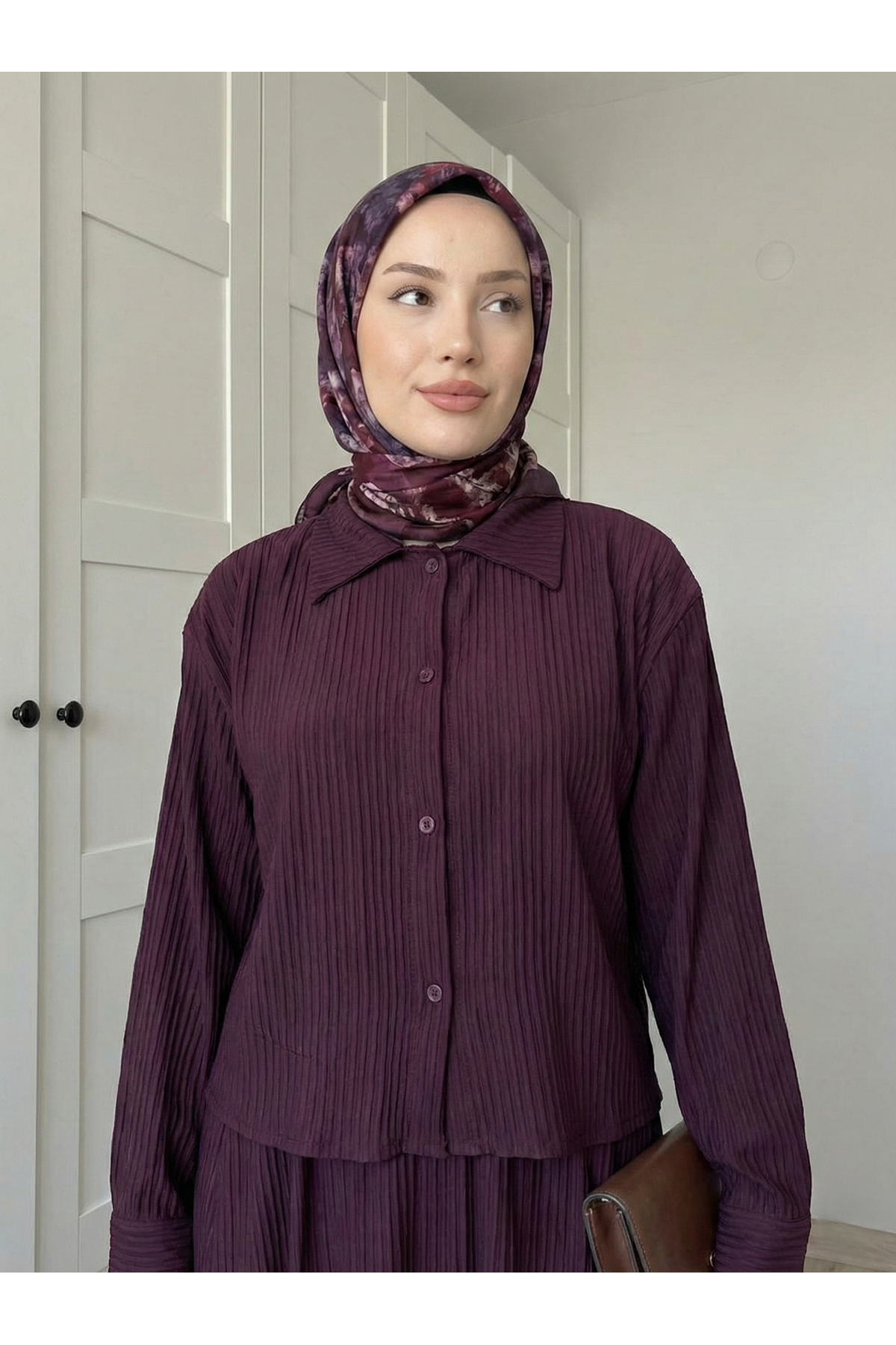 Omuz Pile Detay Etekli Takım-Bordo