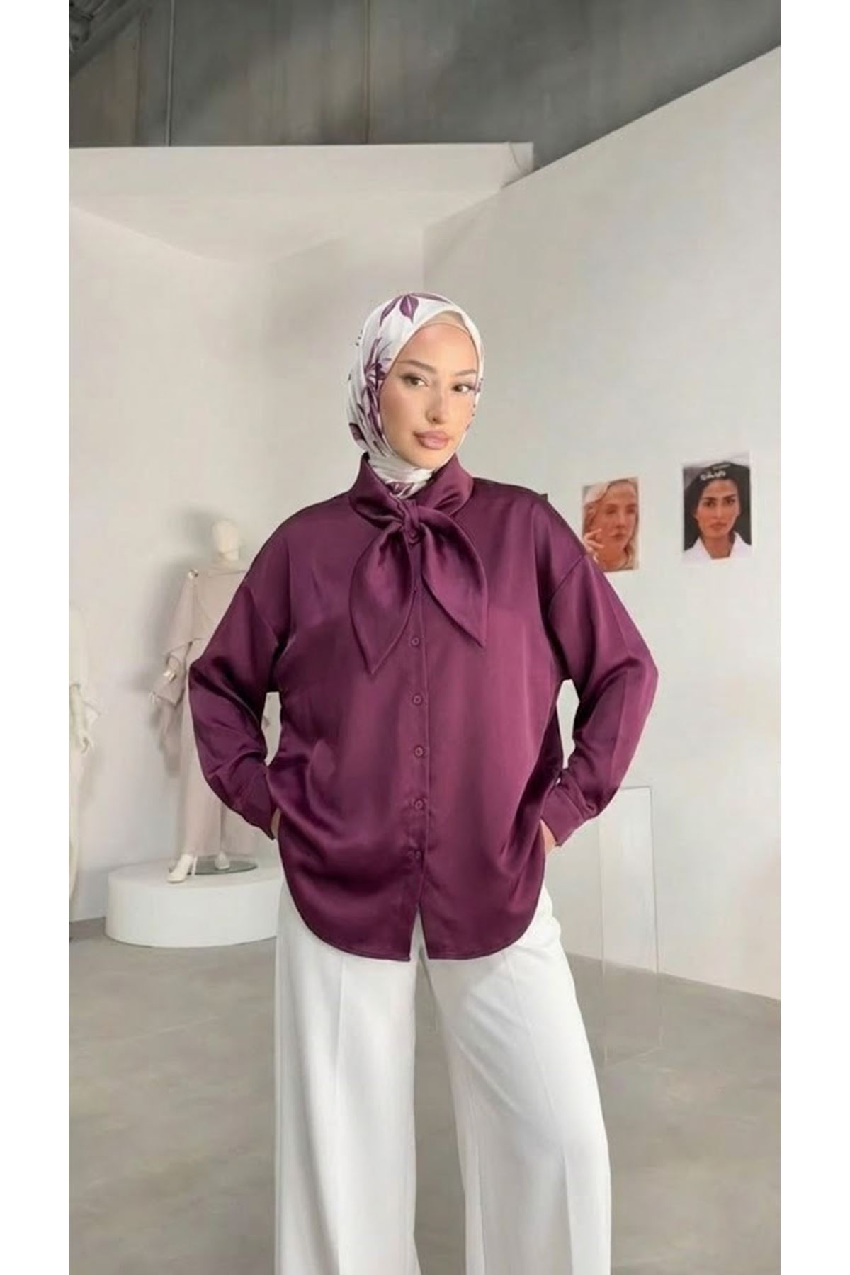 Yaka Detay Saten Tunik-Mürdüm