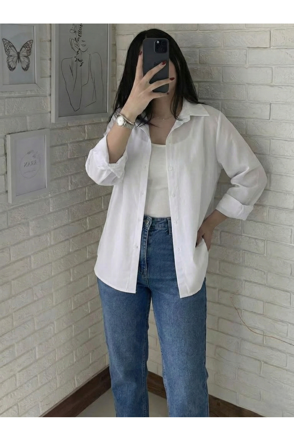 Kadın V Yaka Süveter Gömlek Yazlık Trend Modest Tesettür Tunik-Beyaz