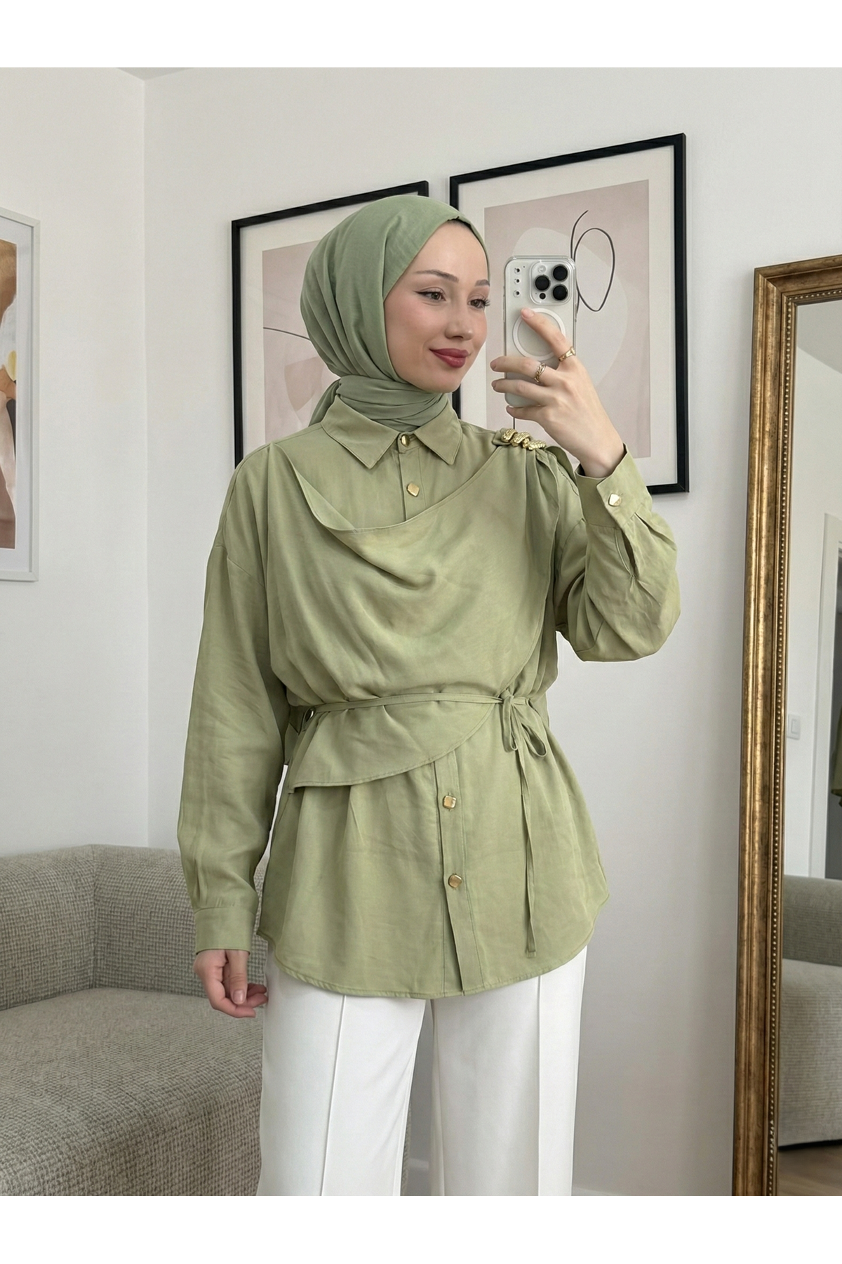 Omuz Toka Detay Aller Tunik-YAĞ YEŞİLİ