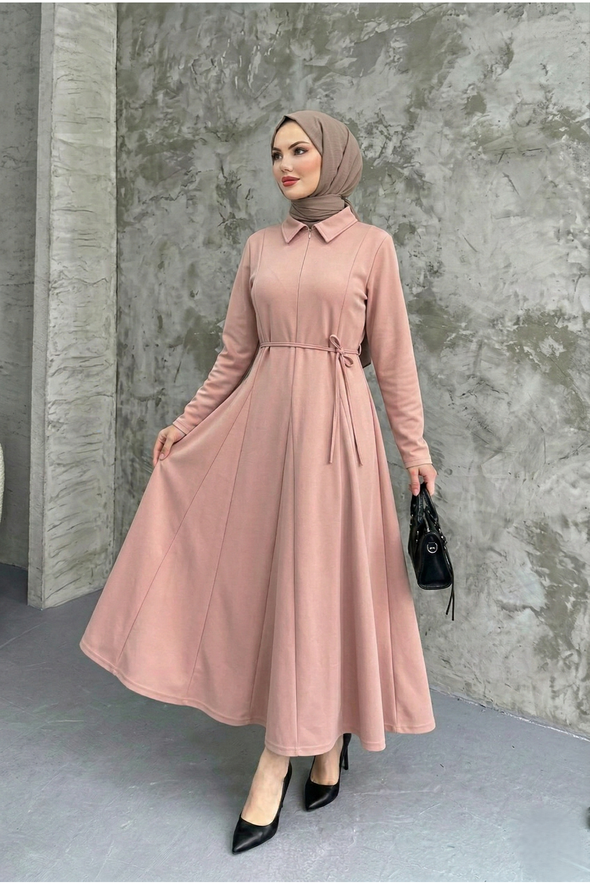 Yaka Fermuar Detay Elbise-Pudra