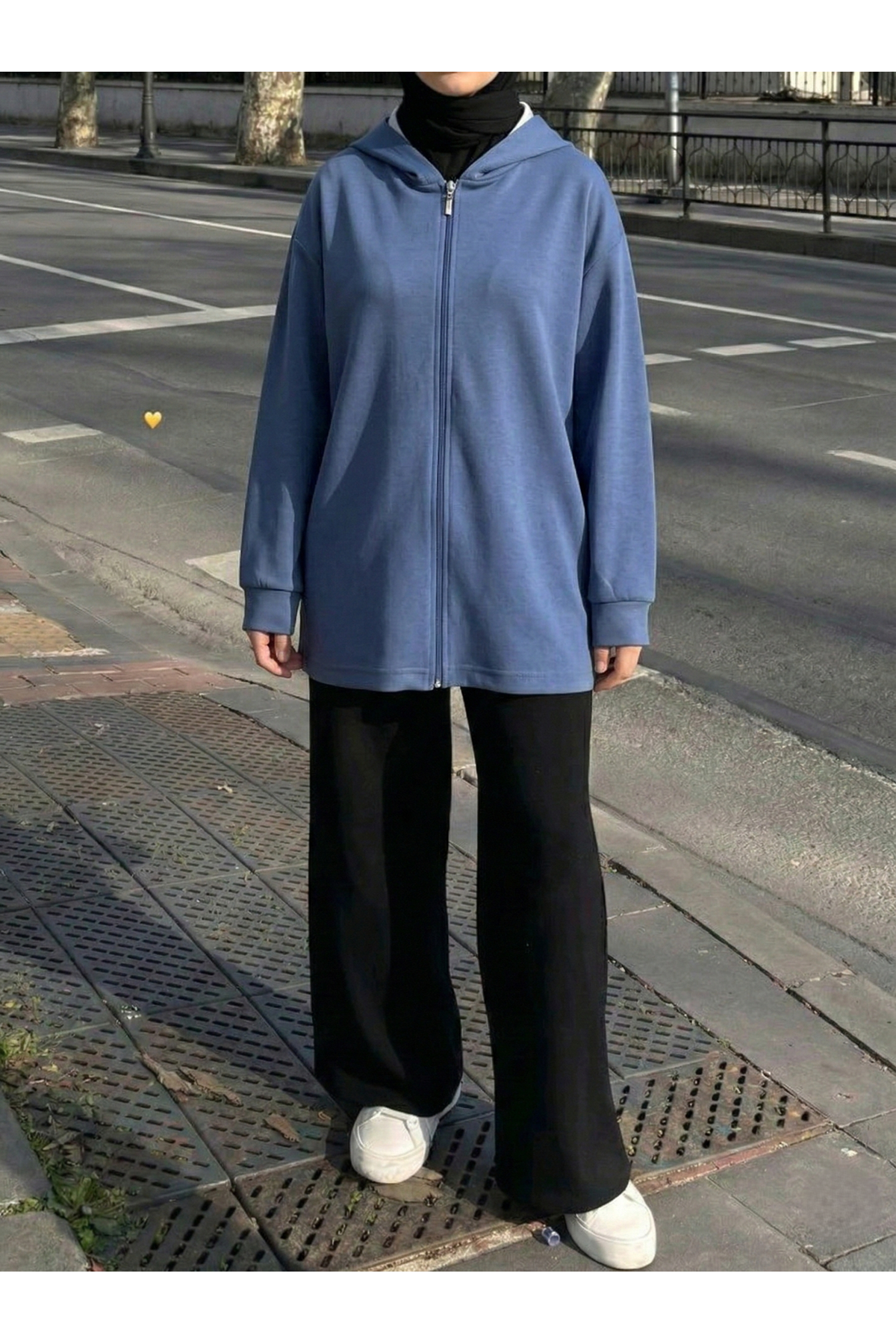 Kapşon Detay Fermuarlı Hırka-İndigo