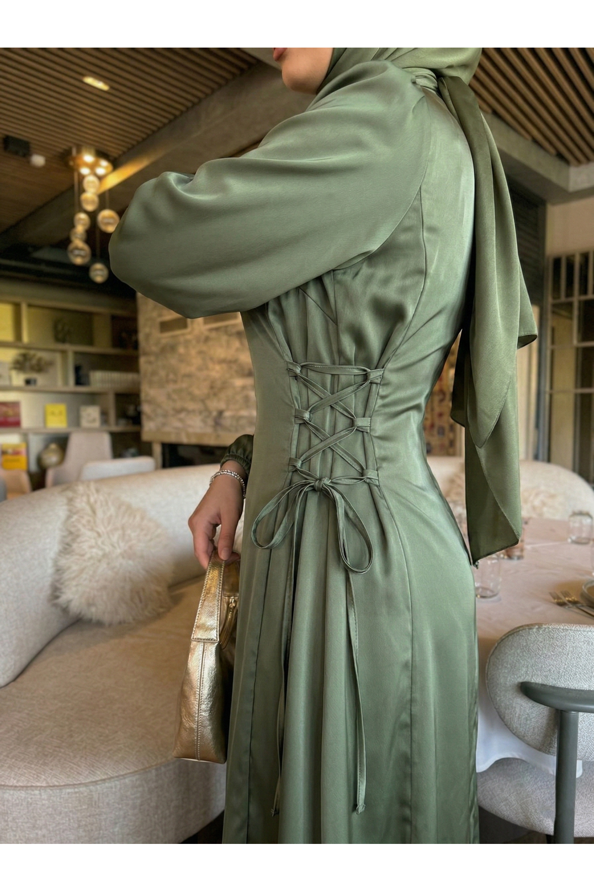 Yanlar Birit Bağlamalı Elbise-Haki