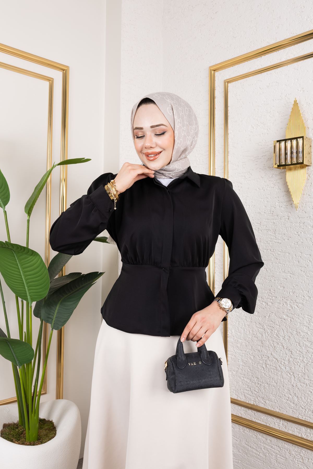 Bel Büzgülü Tunik-Siyah