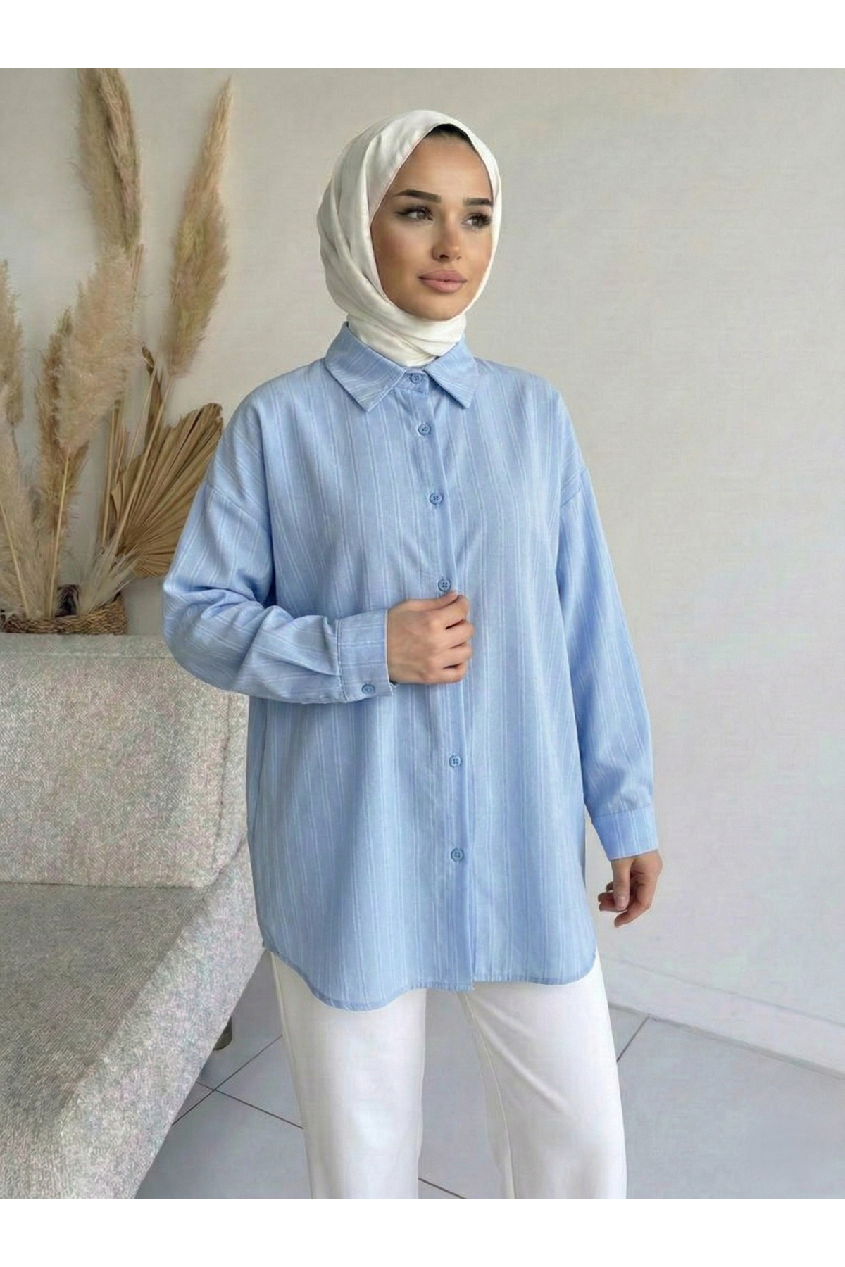 Kendinden Çizgili Tunik-Mavi