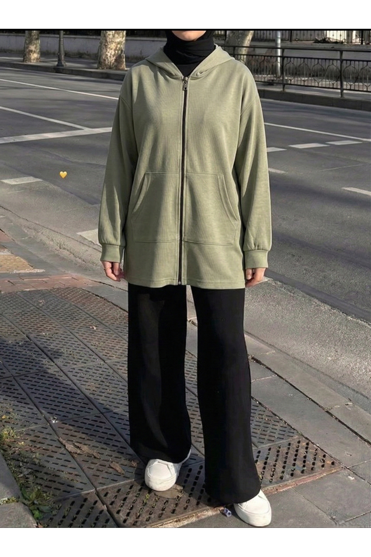 Kapşonlu Fermuar Detay Hırka-Mint