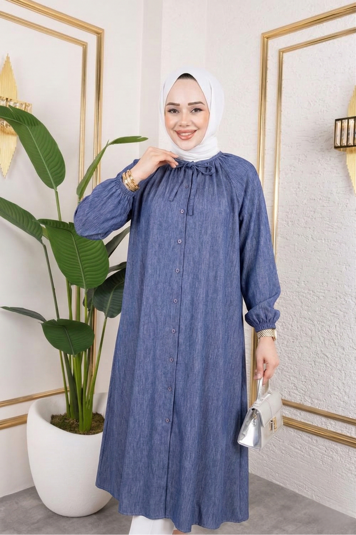 Kadın Kolu Lastikli Yaka Bağlama Detaylı Salaş Rahat Kalıp Boydan Düğmeli Uzun Tesettür Tunik-Lacivert