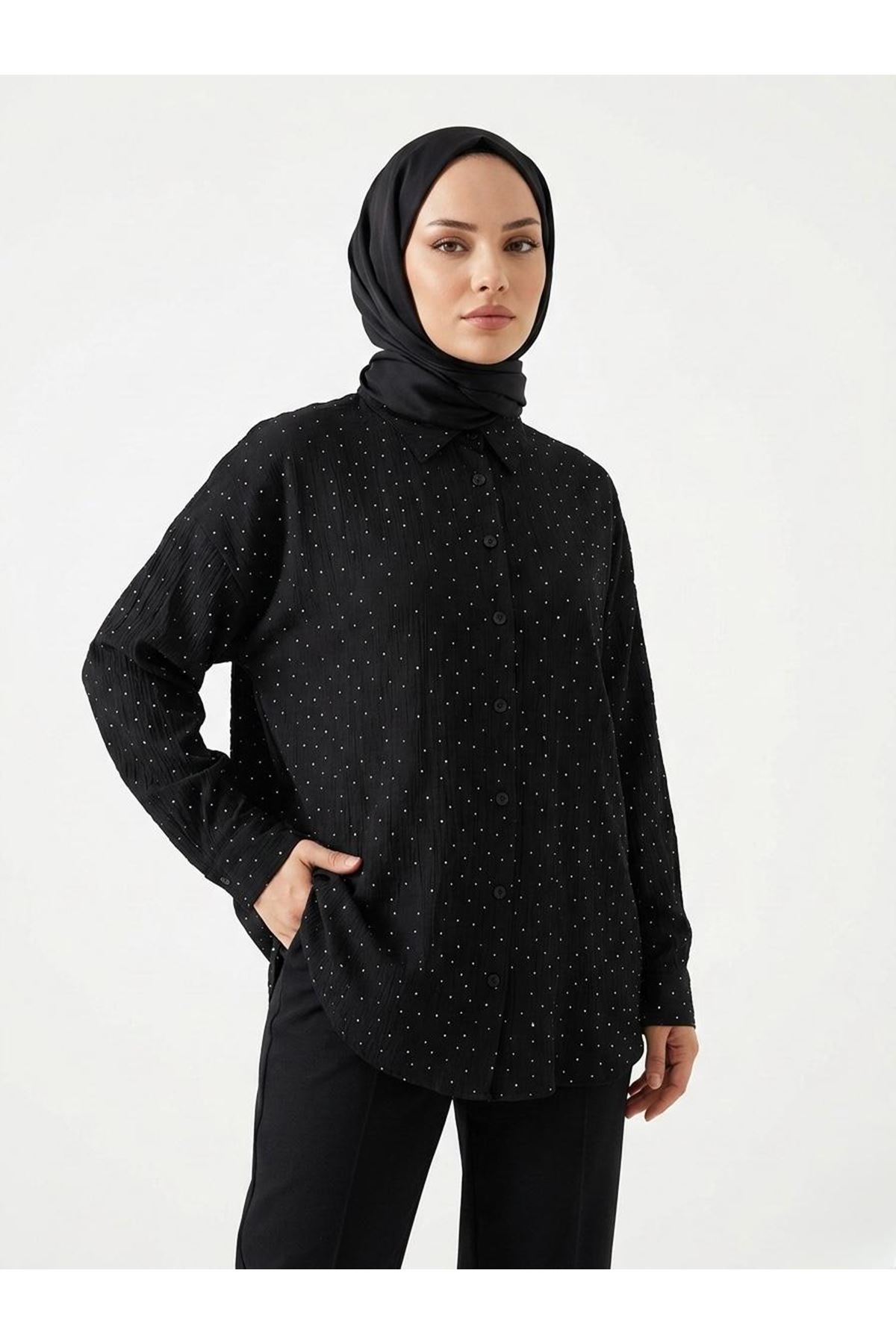 Taş Detay Tunik-Siyah