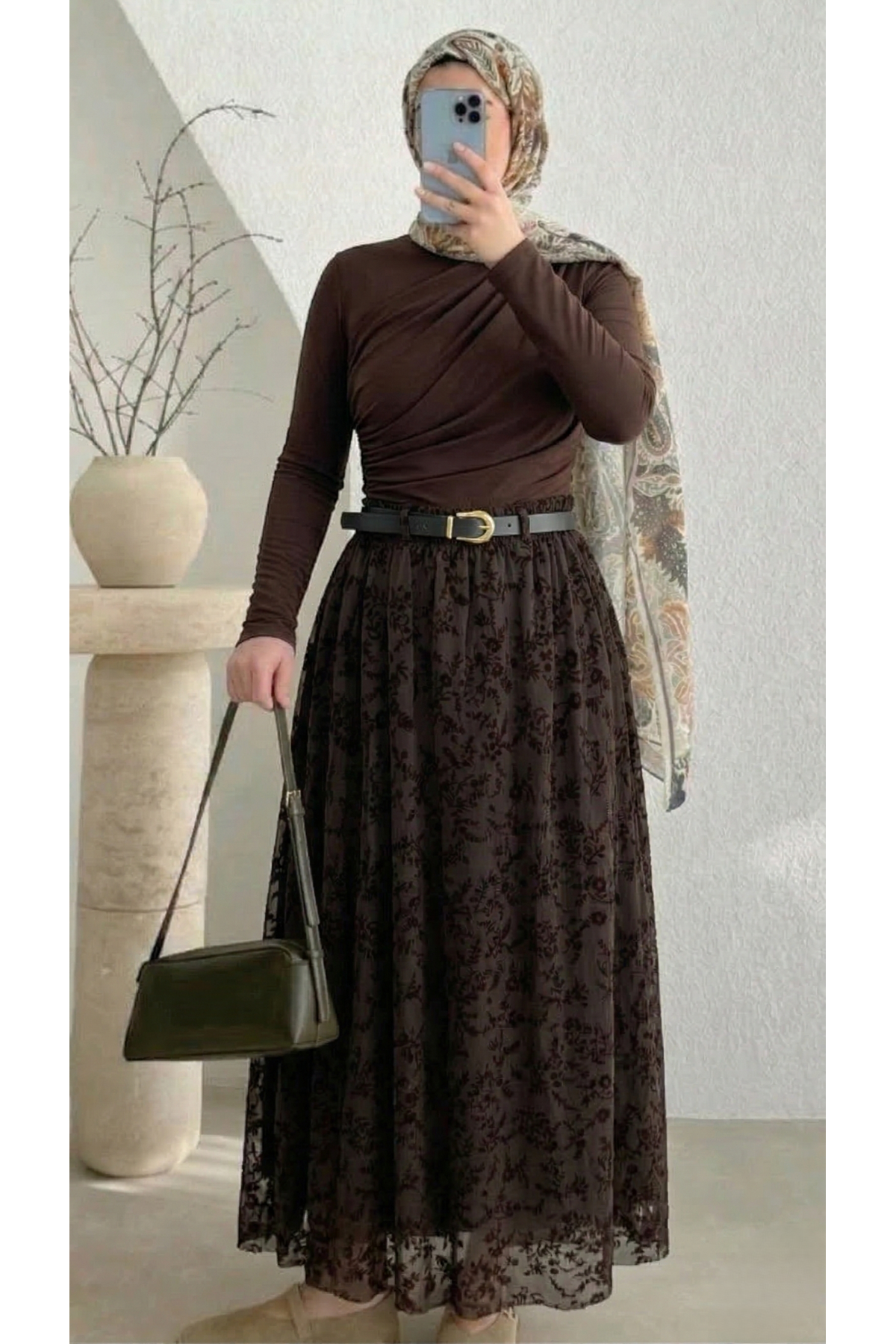 Flok Baskı Tül Etek-Kahve