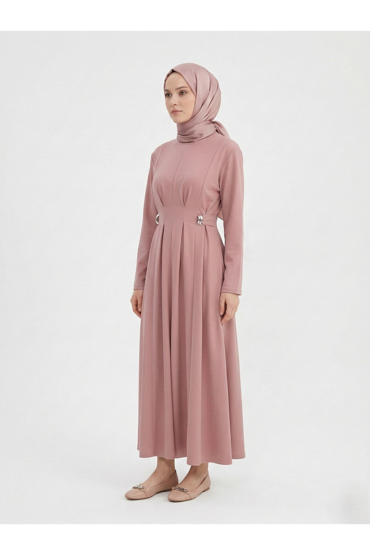 Önü Pensli Kuşak Aksesuar Detay Elbise-Pudra
