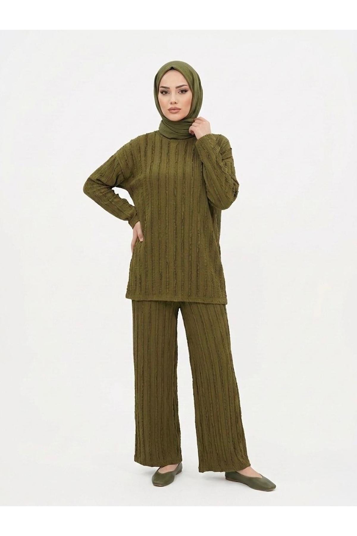 Pilise Dokulu Kemerli Pantolonlu Takım-YAĞ YEŞİLİ