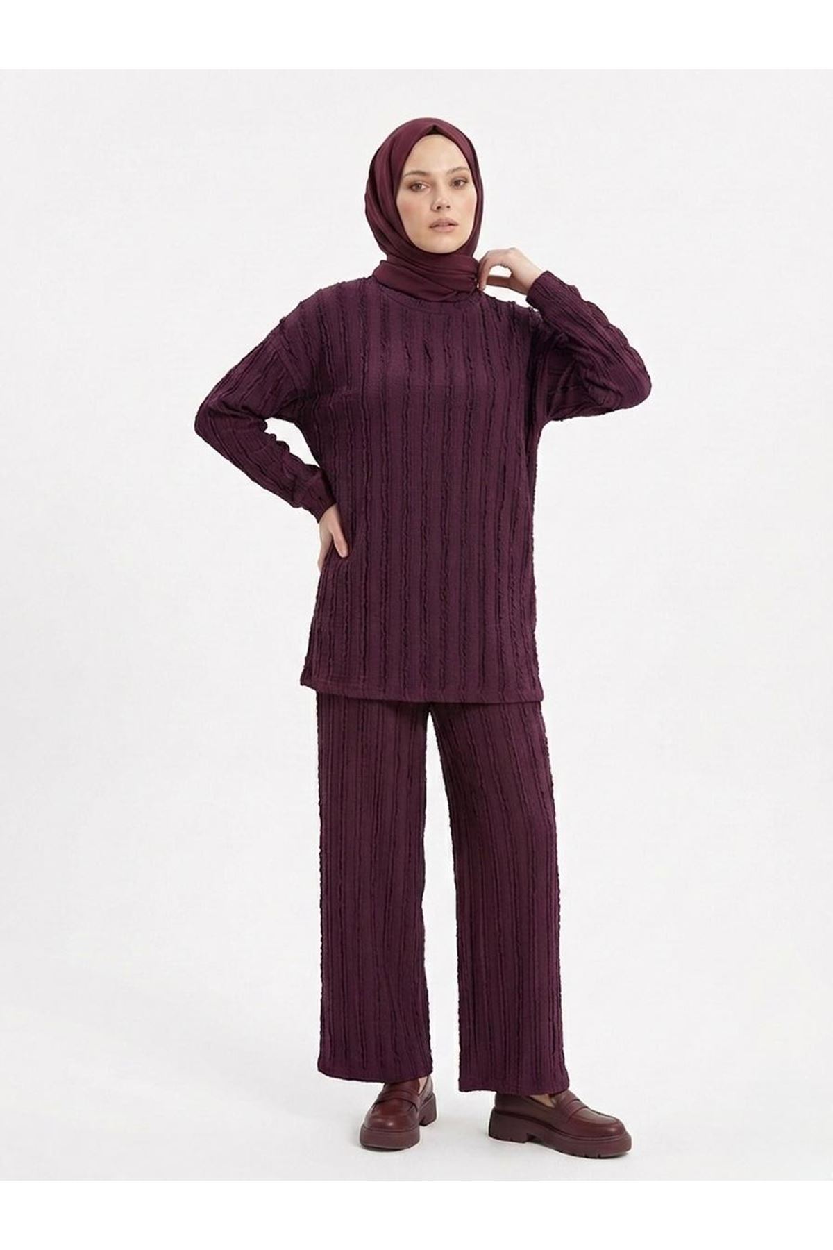 Pilise Dokulu Kemerli Pantolonlu Takım-Bordo