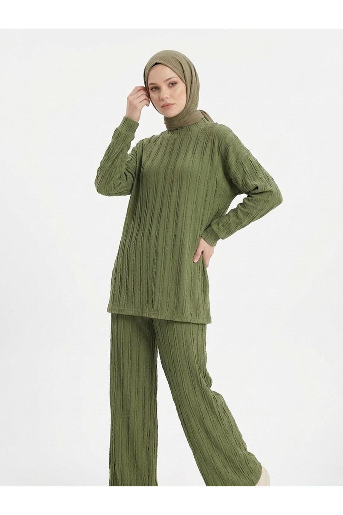 Pilise Dokulu Kemerli Pantolonlu Takım-Haki