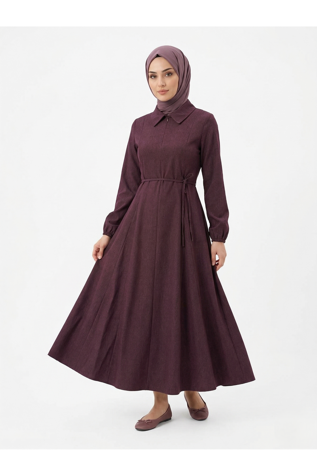 Yakalı Fermuar Detay Elbise-Bordo