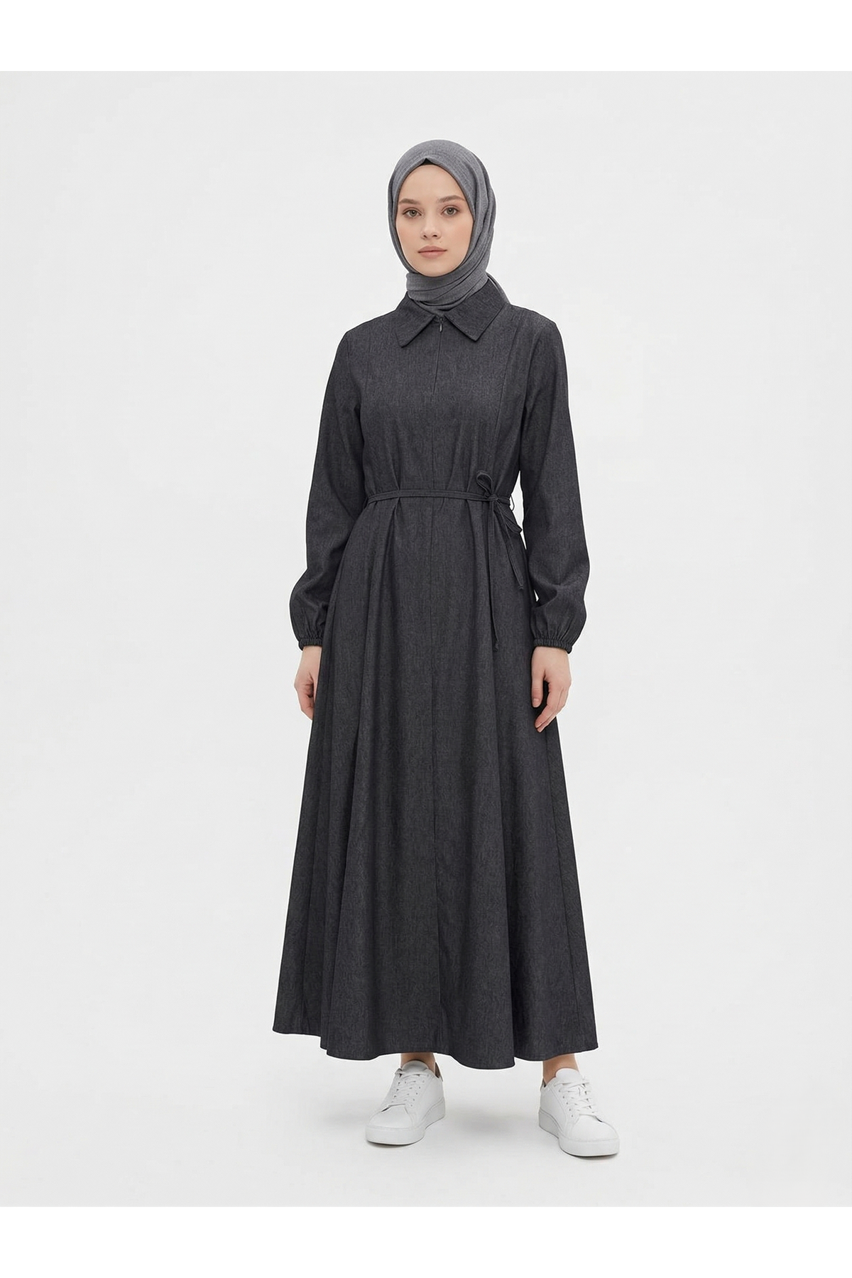 Yakalı Fermuar Detay Elbise-Siyah