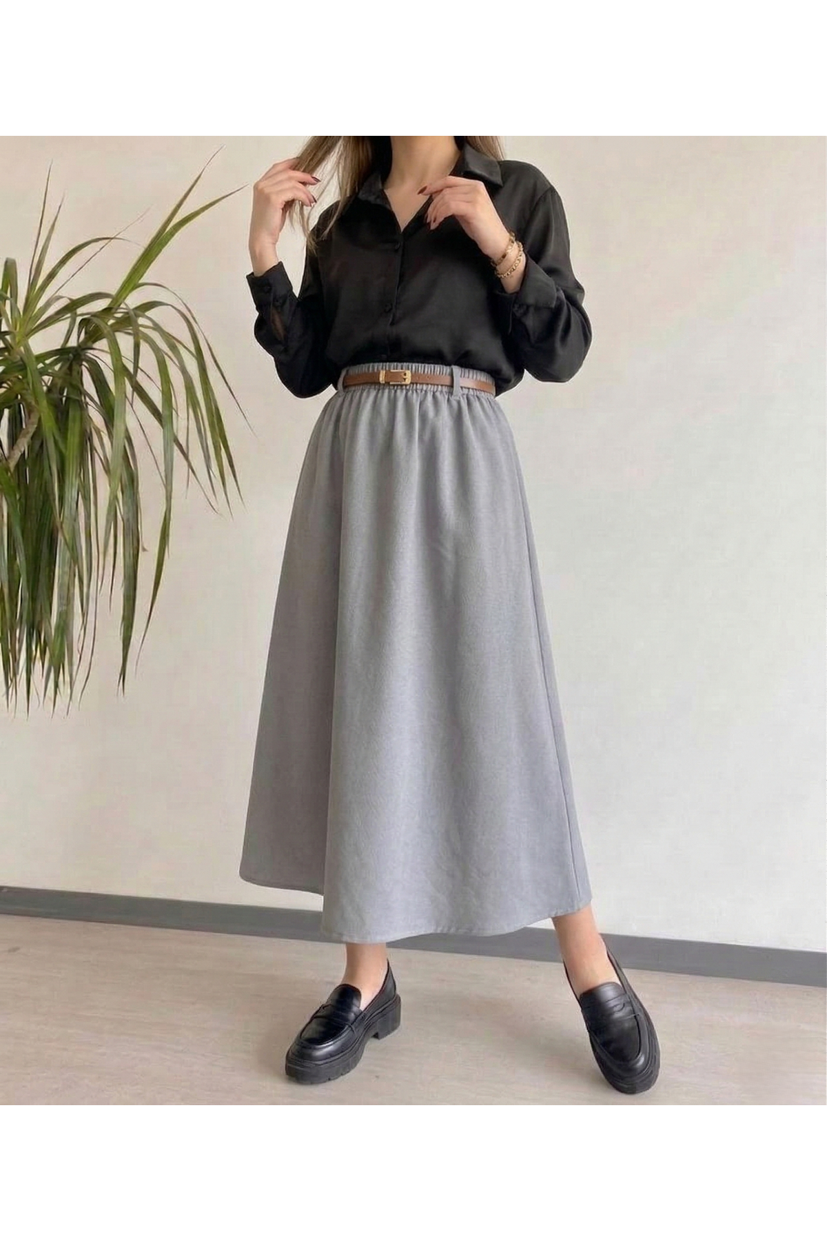 Kemer Detay Terikoton Etek-Gri