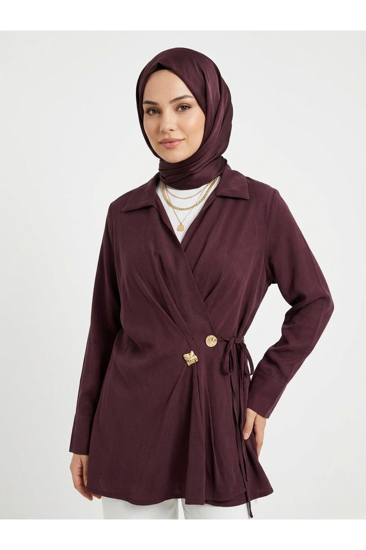 Çift Düğmeli Bağcıklı Tunik-Bordo
