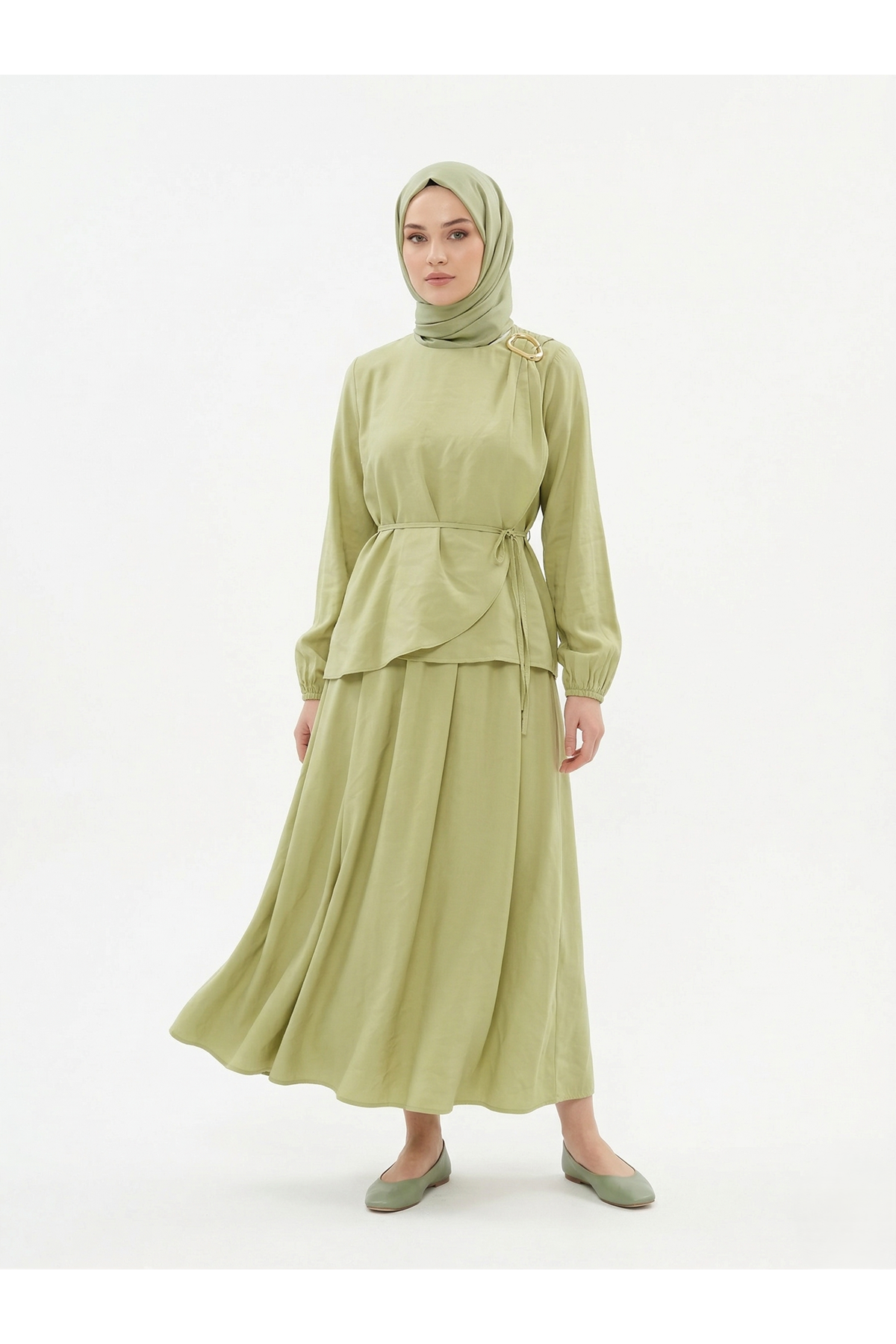 Omuz Aksesuar Pile Detay Etekli Takım-YAĞ YEŞİLİ