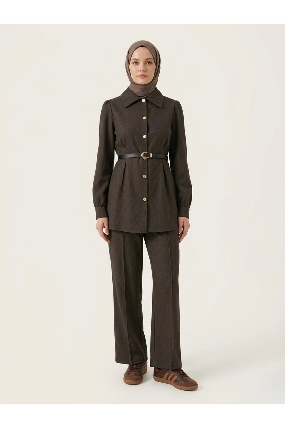 Ön Arka Pensli Pantolonlu Takım-Kahve