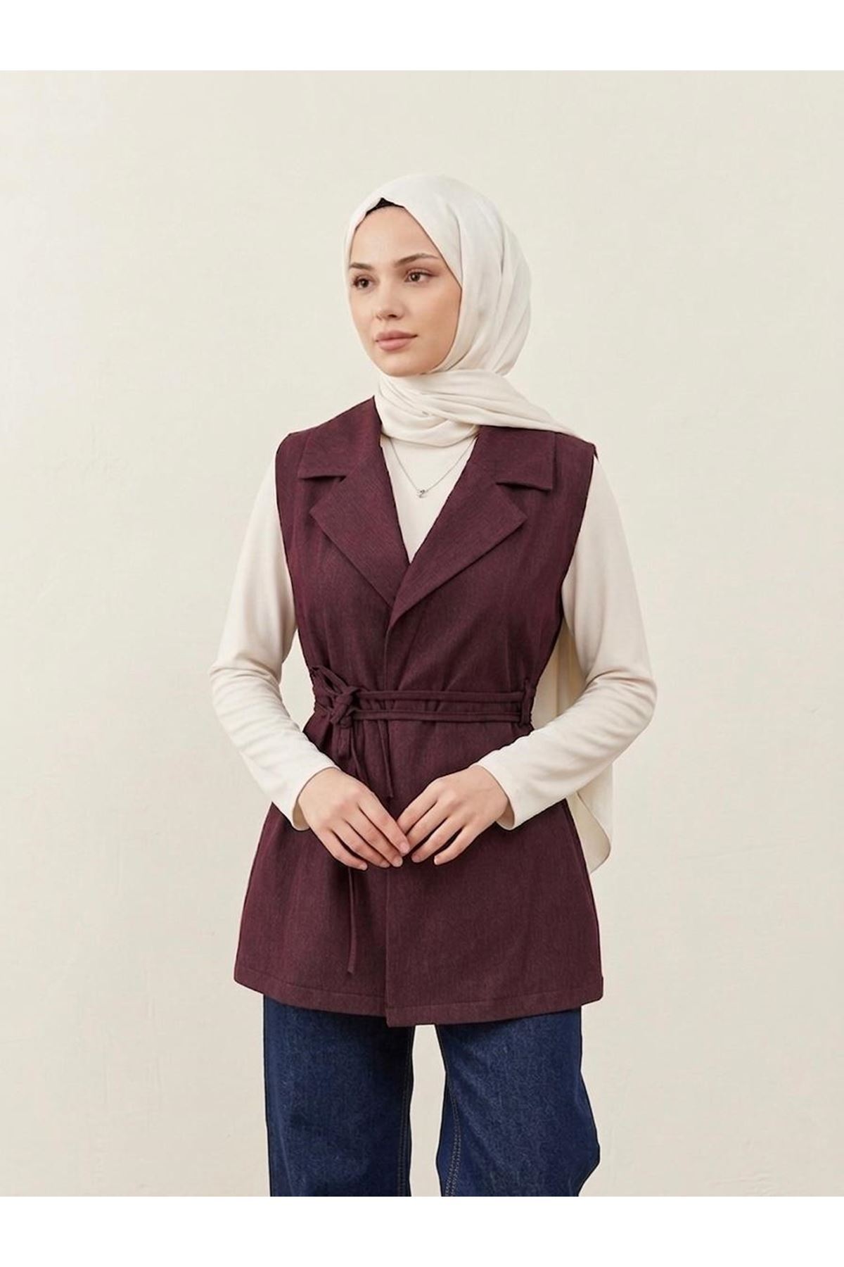 Yaka Detay Yelek-Bordo