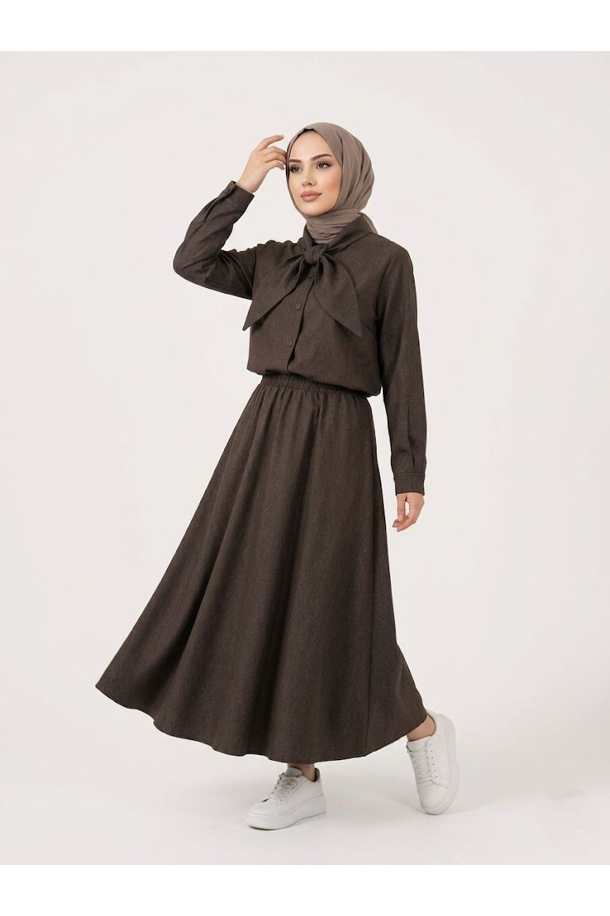 Yaka Detay Etekli Takım-Kahve