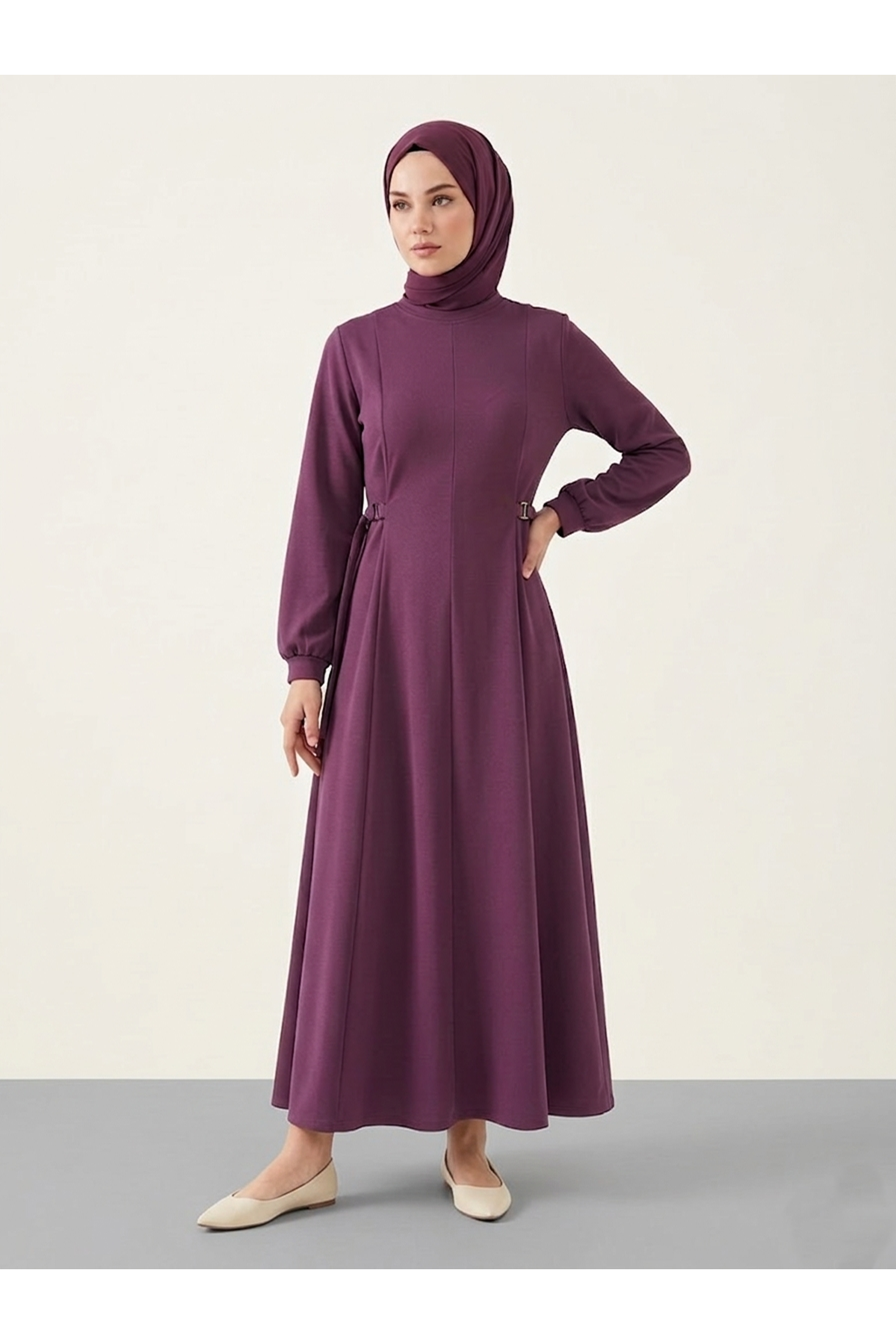 Kuşak Toka Detay Elbise-Gül Kurusu