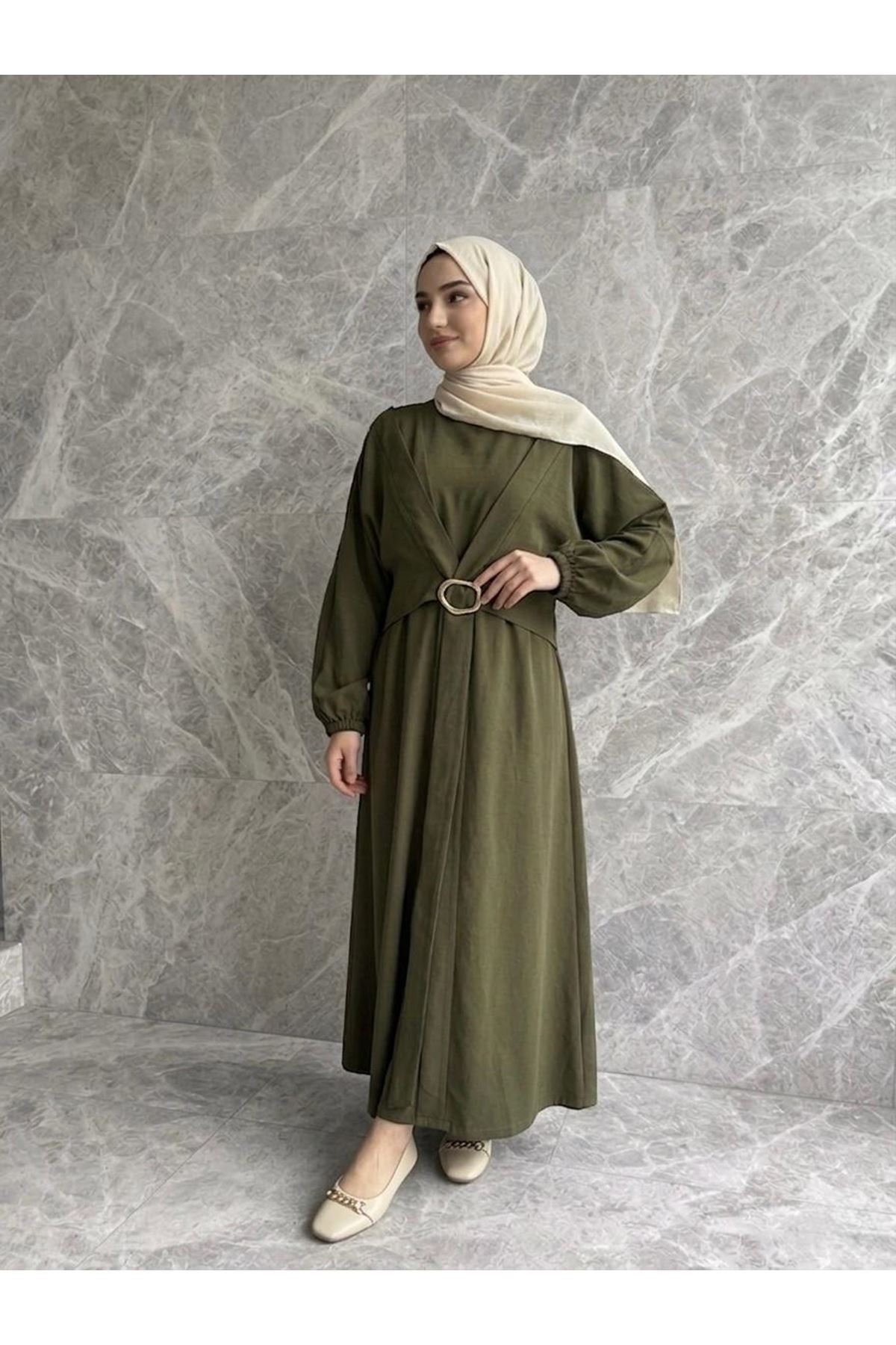 Önden Bağlamalı Aksesuar Detay İkili Elbise-Haki