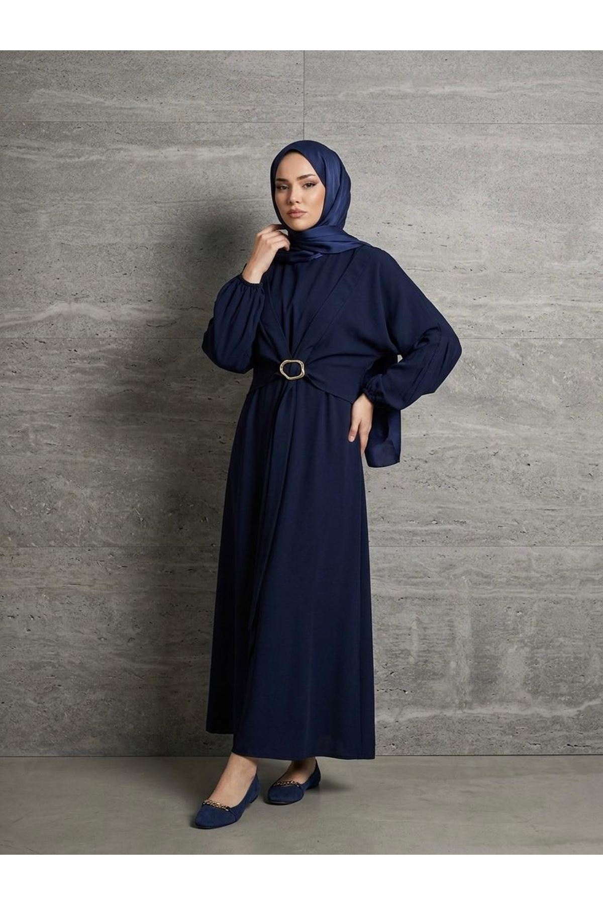 Önden Bağlamalı Aksesuar Detay İkili Elbise-Lacivert