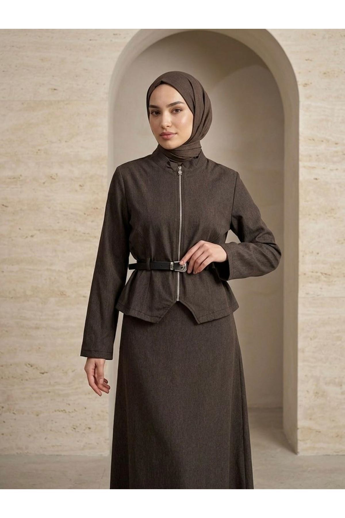 Fermuar Detay Etekli Takım-Kahve