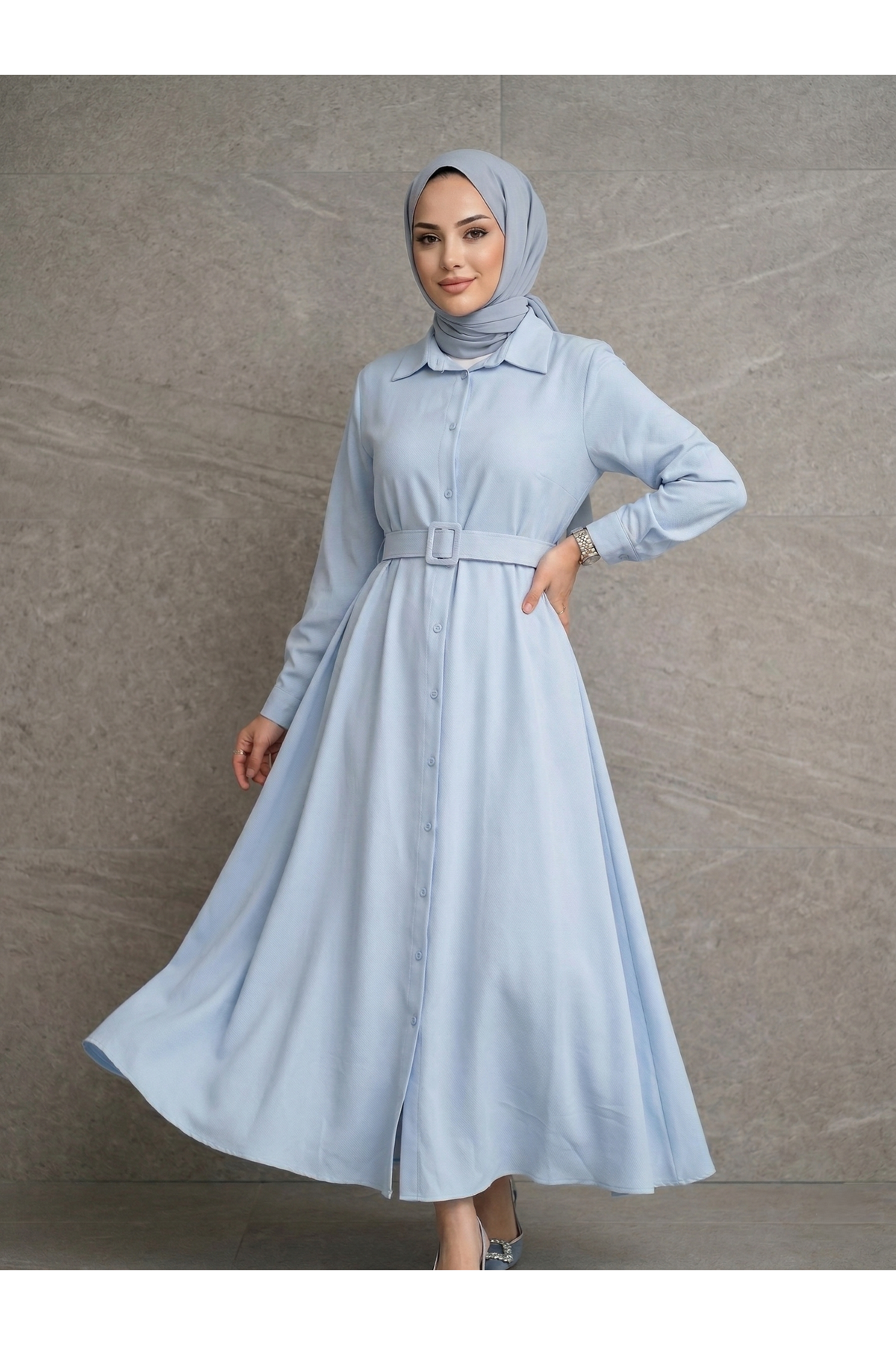 Kaplama Kemer Detay Elbise-Mavi