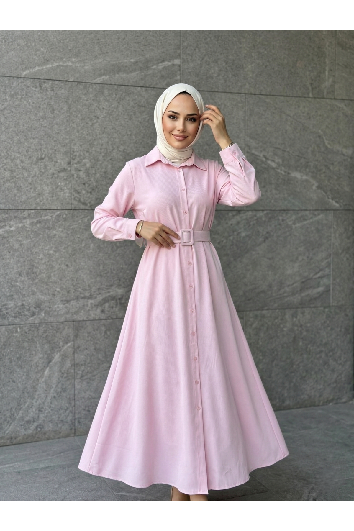 Kaplama Kemer Detay Elbise-Pembe