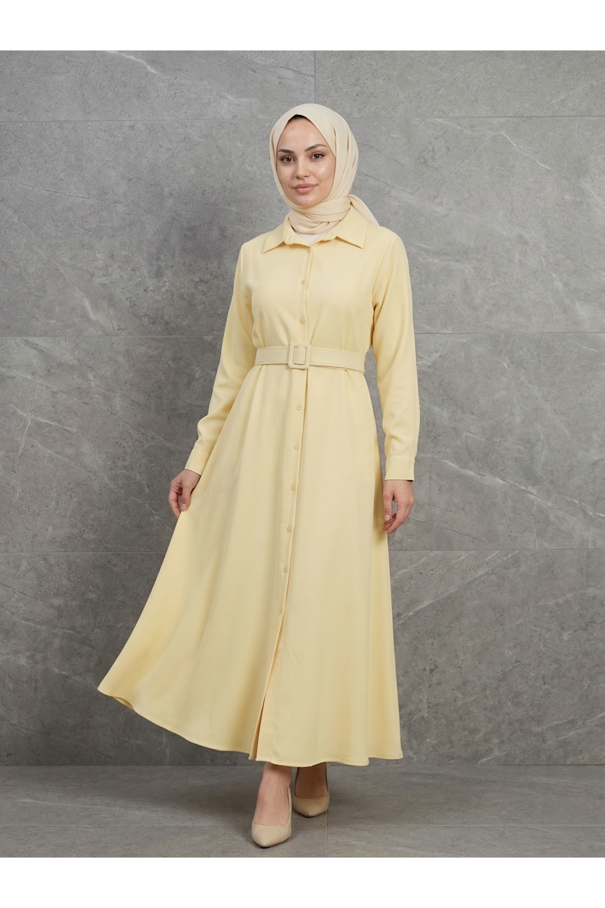 Kaplama Kemer Detay Elbise-Sarı