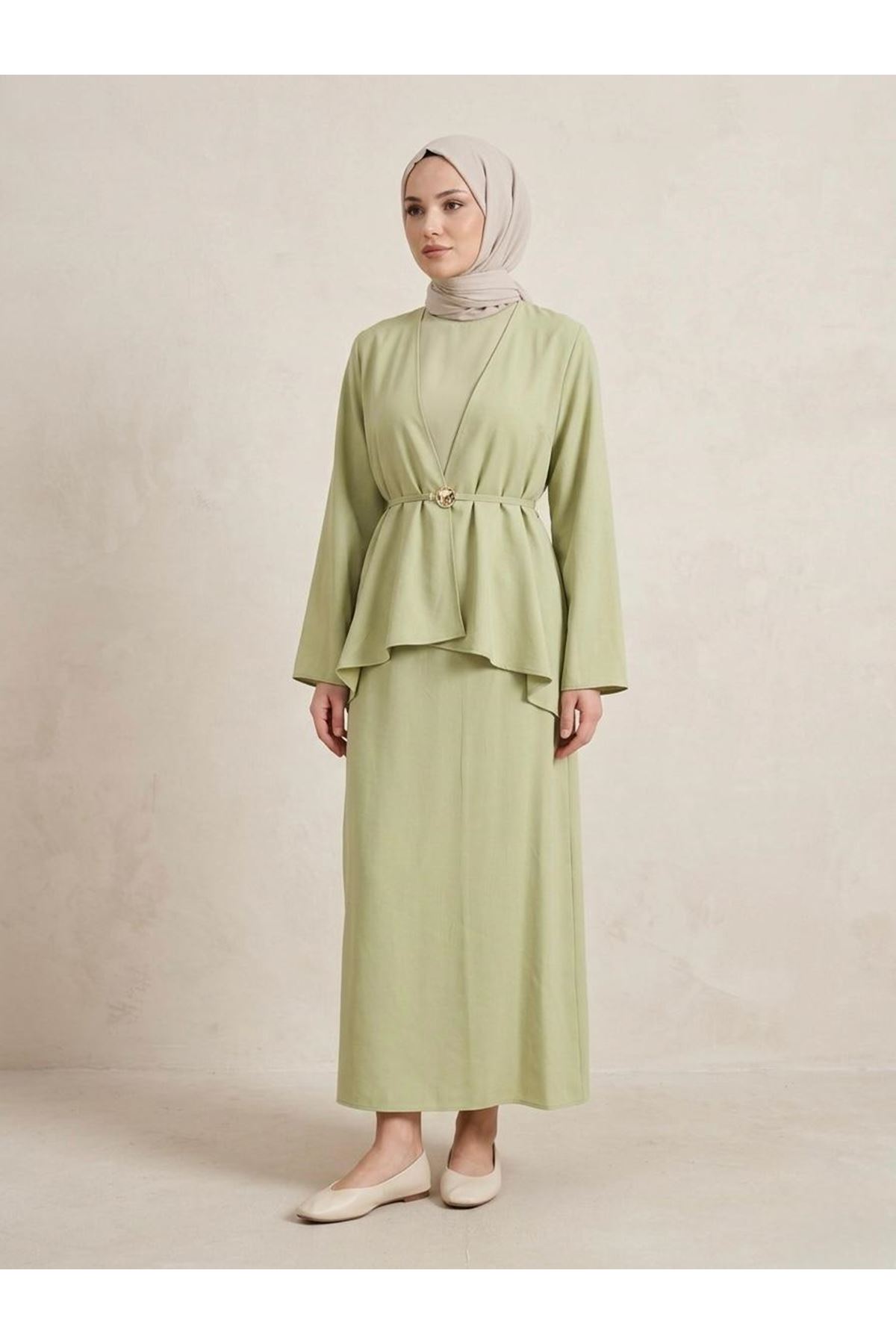 Aksesuar Detay İkili Elbise-YAĞ YEŞİLİ