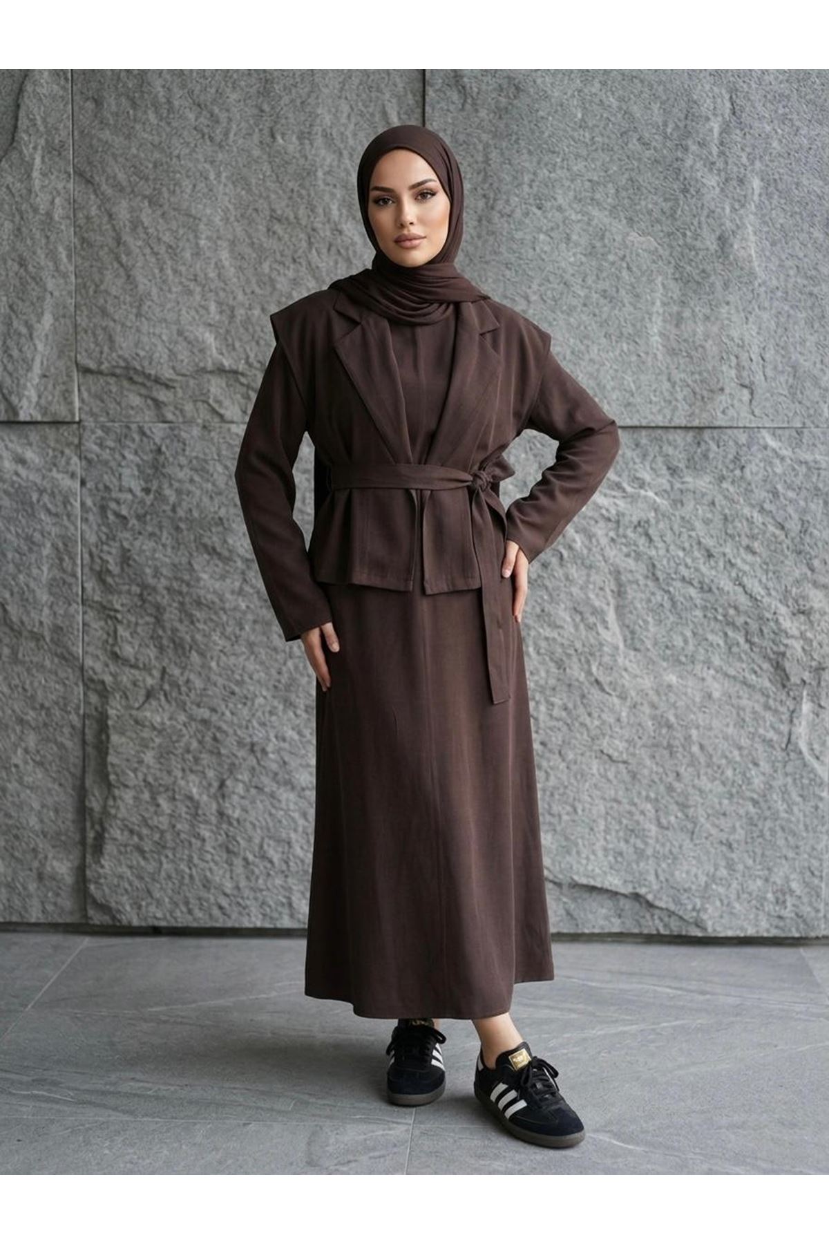 Yelekli İkili Elbise-Kahve