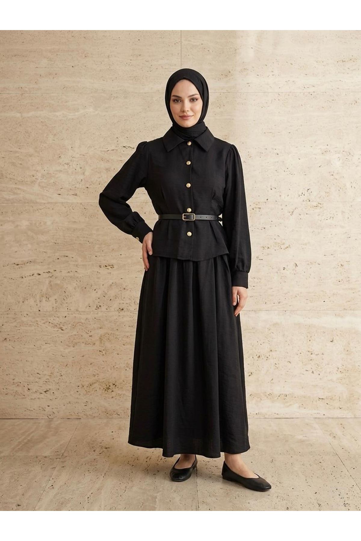 Ön Arka Pensli Kemer Detay Etekli Takım-Siyah