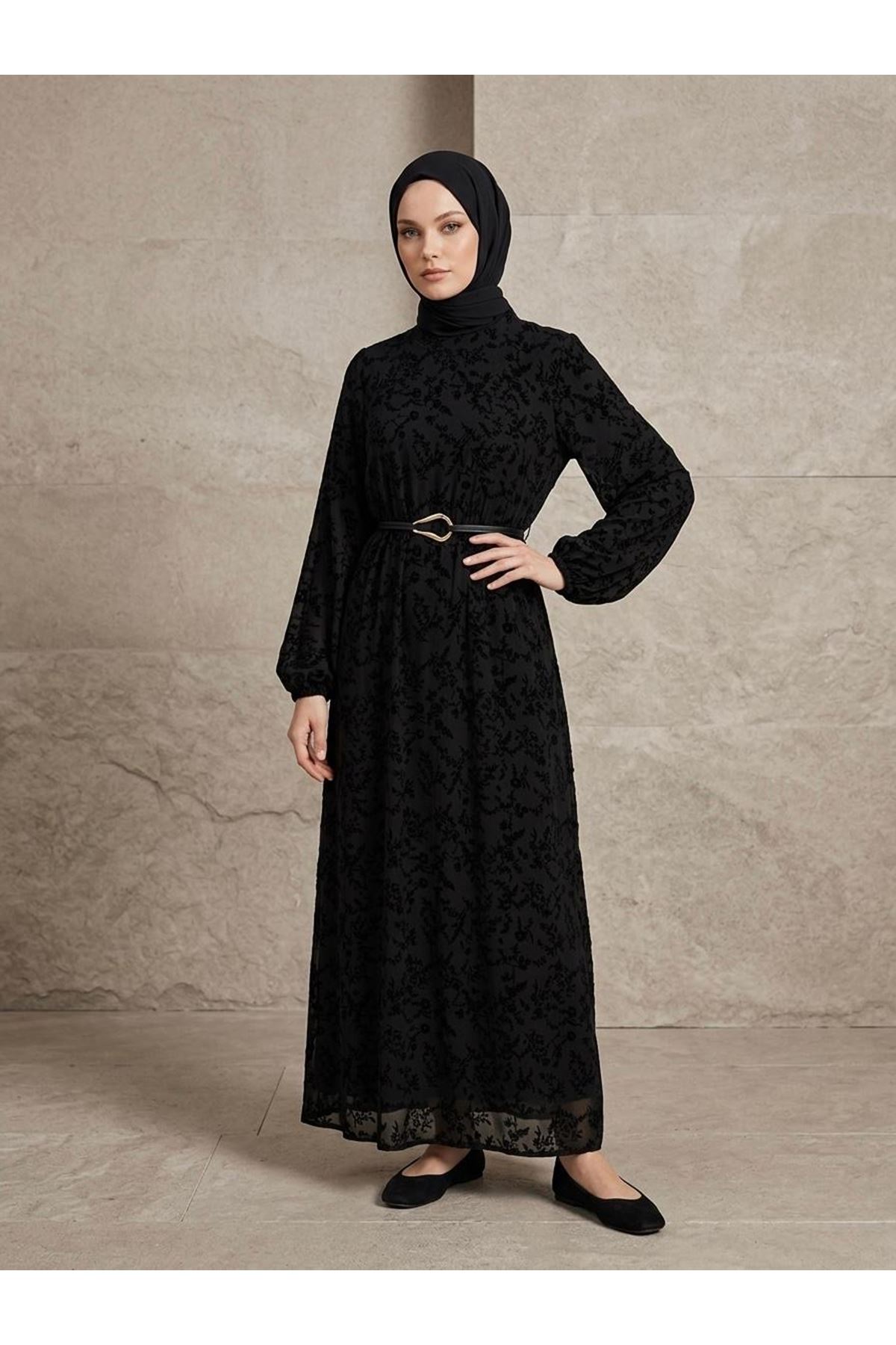 Flok Baskılı Tül Elbise-Siyah