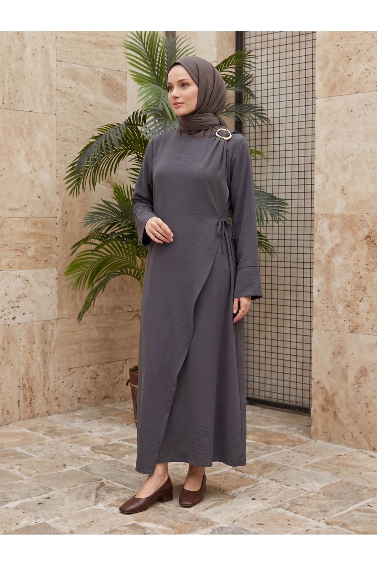 Omuz Pİle Toka DetayTensel  Elbise-Antrasit