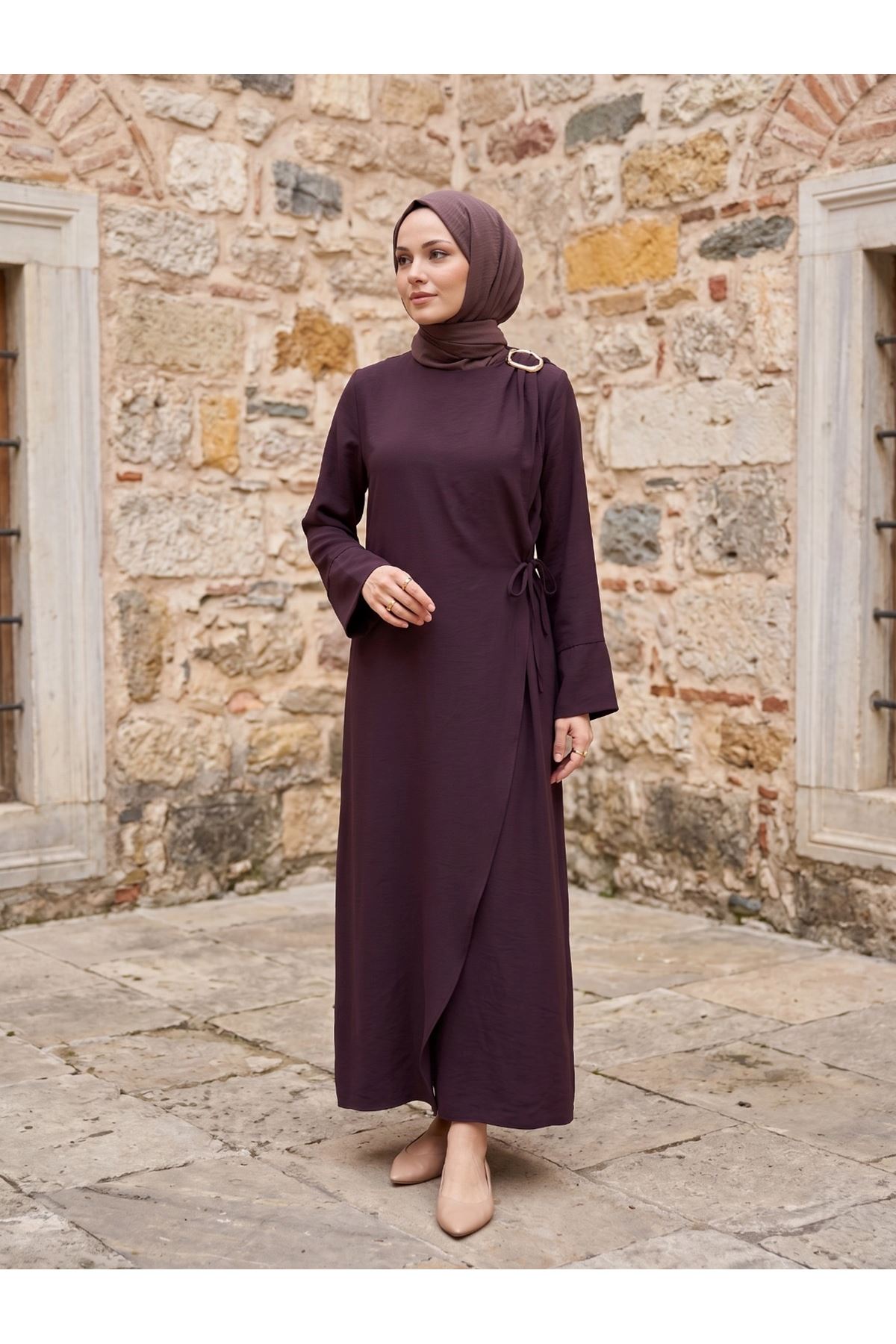 Omuz Pİle Toka DetayTensel  Elbise-Bordo